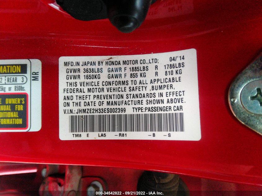 2014 HONDA INSIGHT JHMZE2H33ES002399