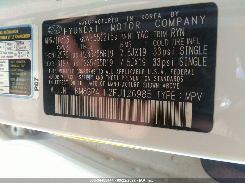 2015 HYUNDAI SANTA FE LIMITED - KM8SR4HF2FU126985