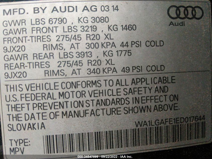 2014 AUDI Q7 3.0T PREMIUM PLUS WA1LGAFE1ED017644