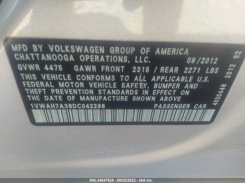 2013 VOLKSWAGEN PASSAT S W/APPEARANCE 1VWAH7A36DC042298