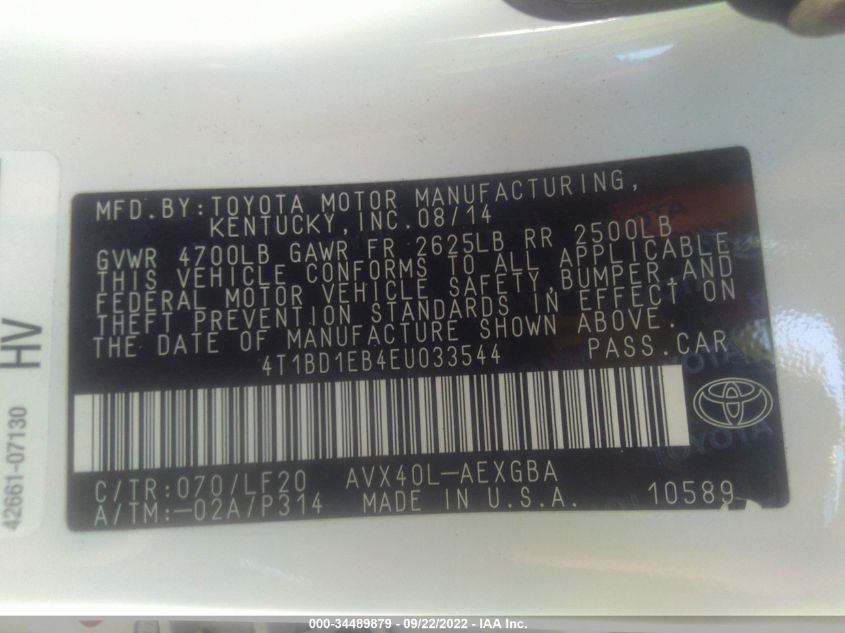 2014 TOYOTA AVALON HYBRID LIMITED/XLE TOURING 4T1BD1EB4EU033544