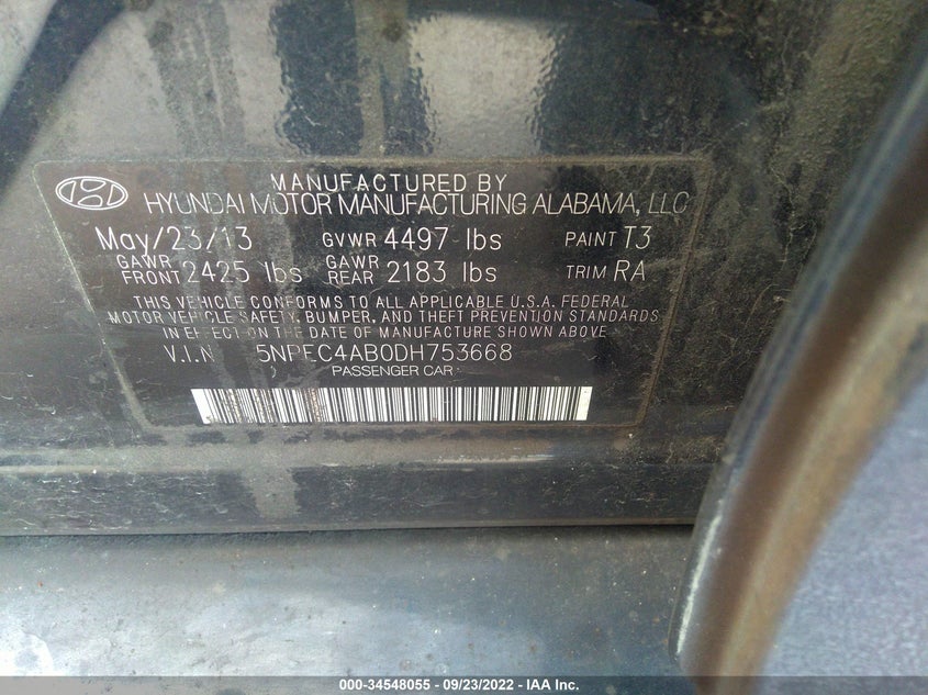 2013 HYUNDAI SONATA VIN: 5NPEC4AB0DH753668