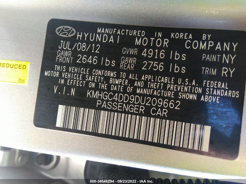 2013 HYUNDAI GENESIS 3.8L KMHGC4DD9DU209662