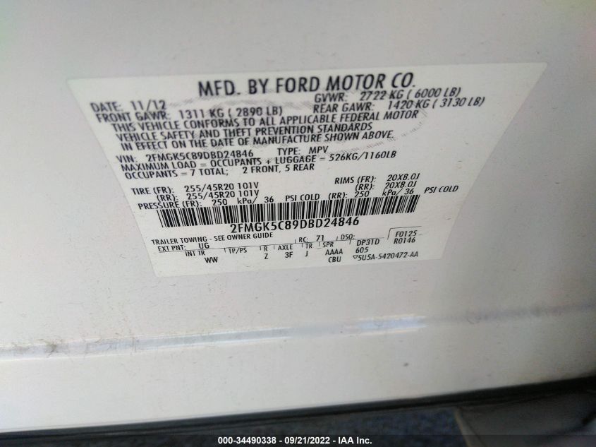 2013 FORD FLEX SEL 2FMGK5C89DBD24846