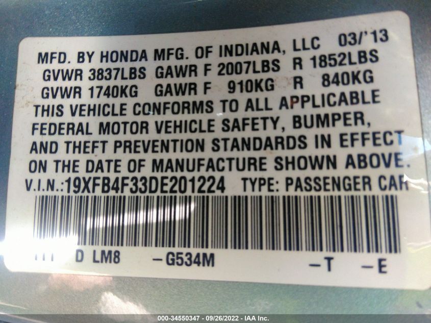 2013 HONDA CIVIC HYBRID 19XFB4F33DE201224