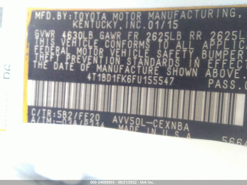 2015 TOYOTA CAMRY HYBRID LE/XLE/SE 4T1BD1FK6FU155547