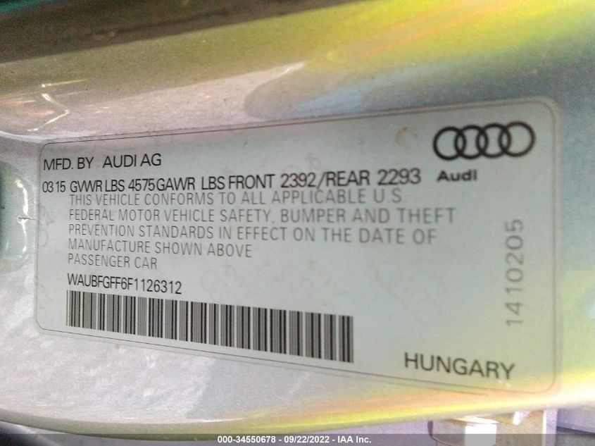 2015 AUDI S3/A3 2.0T PREMIUM WAUBFGFF6F1126312