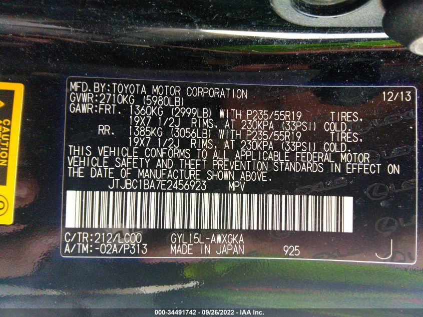 2014 LEXUS RX 450H JTJBC1BA7E2456923