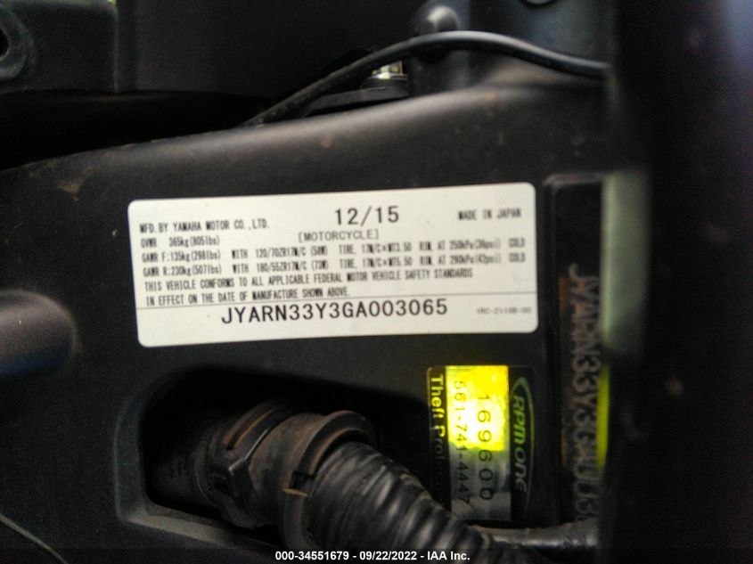 2016 YAMAHA FZ09 C JYARN33Y3GA003065