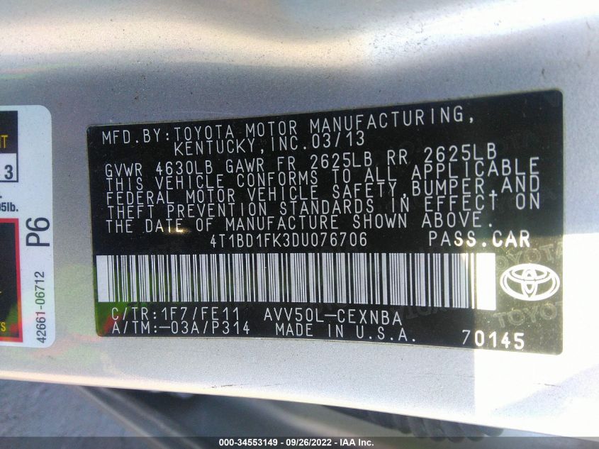 2013 TOYOTA CAMRY HYBRID LE 4T1BD1FK3DU076706