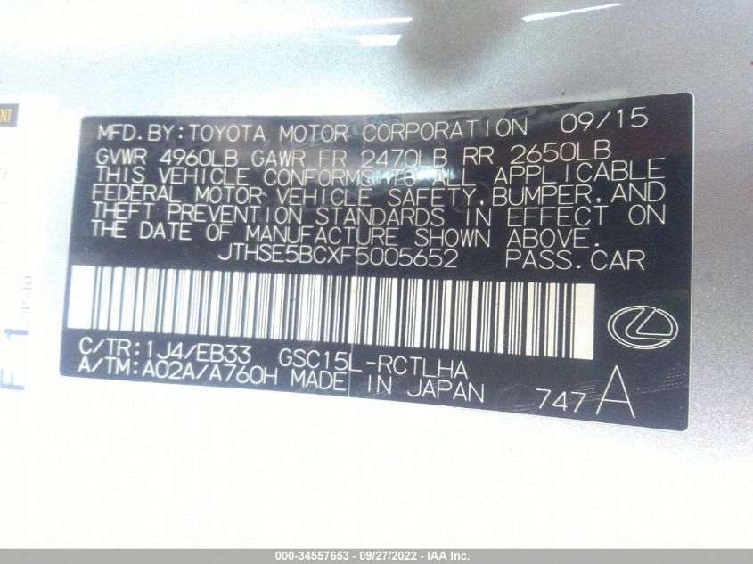 2015 LEXUS RC 350 JTHSE5BCXF5005652