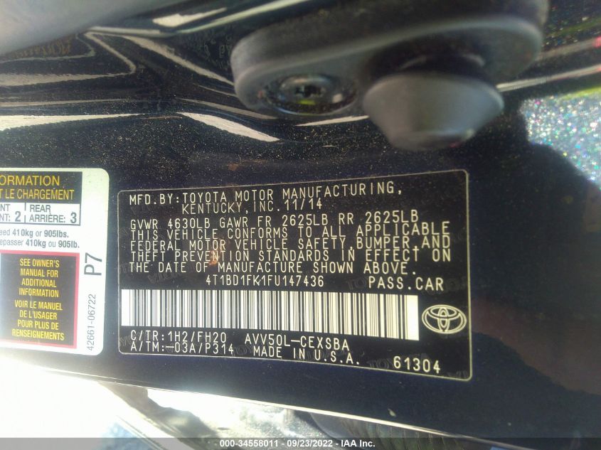 2015 TOYOTA CAMRY HYBRID SE 4T1BD1FK1FU147436