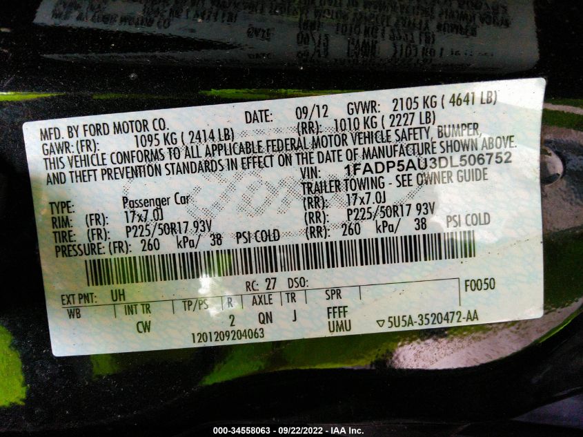 2013 FORD C-MAX HYBRID SE 1FADP5AU3DL506752