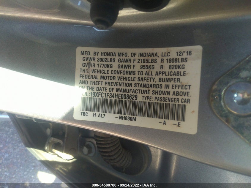 VIN 19XFC1F34HE008629 2017 HONDA CIVIC SEDAN EX-T