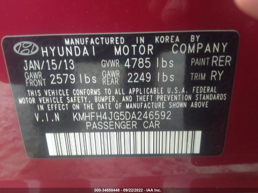 2013 HYUNDAI AZERA KMHFH4JG5DA246592