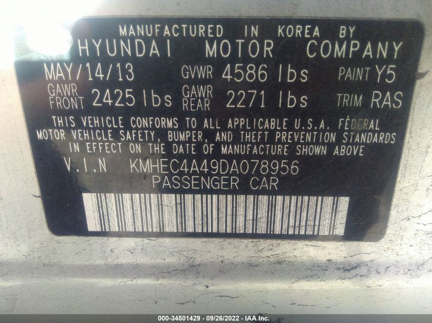 2013 HYUNDAI SONATA HYBRID KMHEC4A49DA078956