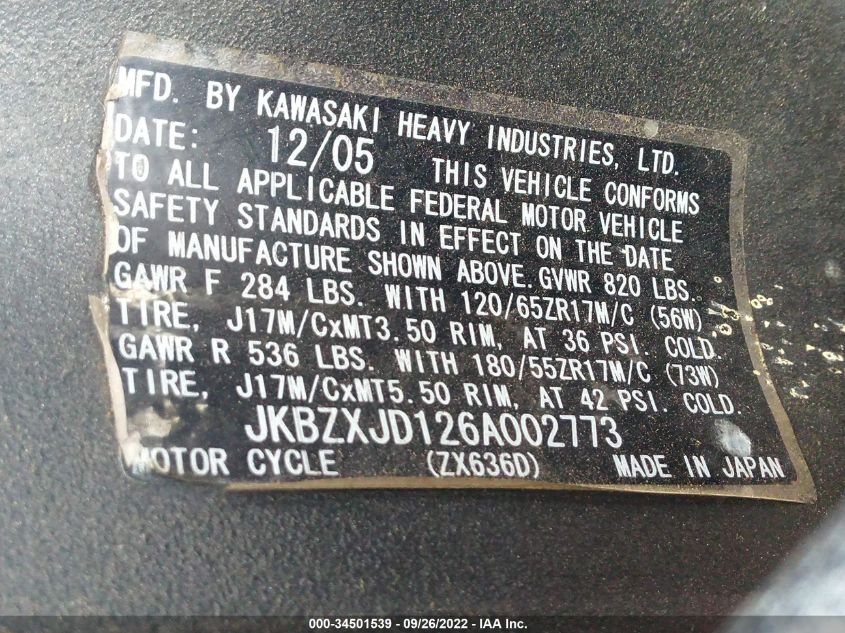 2006 KAWASAKI ZX636 C1 JKBZXJD126A002773