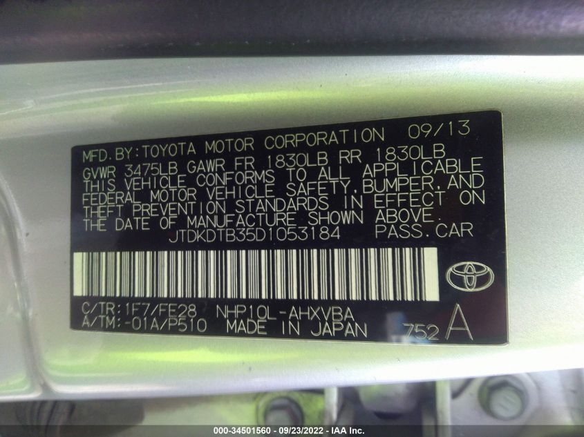 2013 TOYOTA PRIUS C ONE/TWO/THREE/FOUR JTDKDTB35D1053184