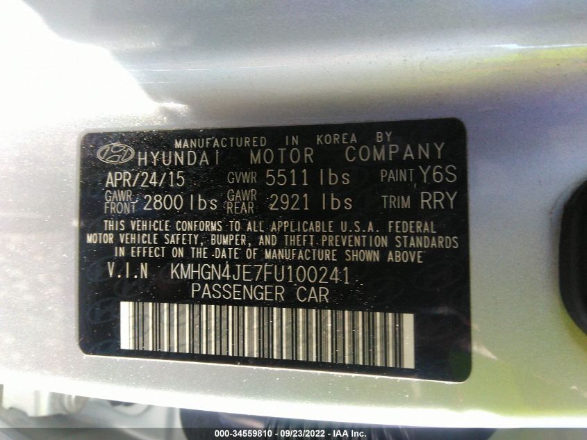 2015 HYUNDAI GENESIS 3.8L KMHGN4JE7FU100241