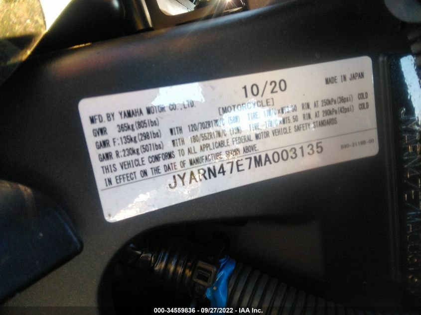 2021 YAMAHA XSR900 JYARN47E7MA003135