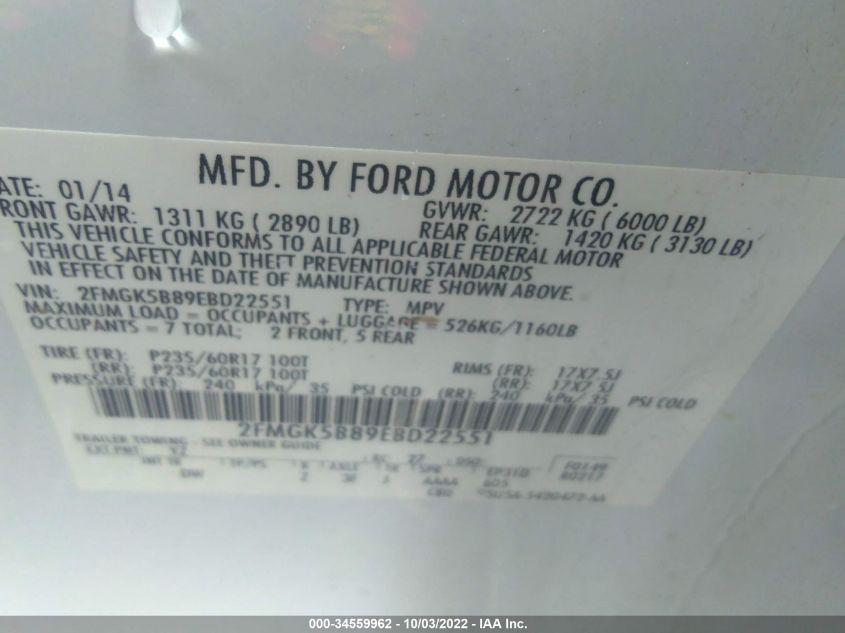 2014 FORD FLEX SE 2FMGK5B89EBD22551