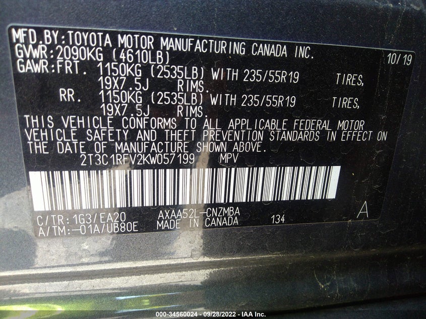 VIN 2T3C1RFV2KW057199 2019 TOYOTA RAV4 XLE PREMIUM