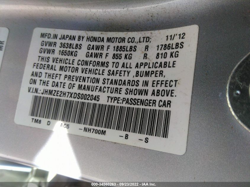 2013 HONDA INSIGHT EX JHMZE2H7XDS002045