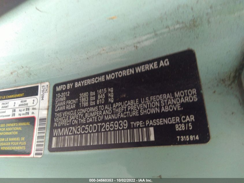 2013 MINI COOPER CONVERTIBLE WMWZN3C50DT265939