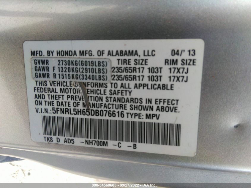 VIN 5FNRL5H65DB076616 2013 HONDA ODYSSEY no.9