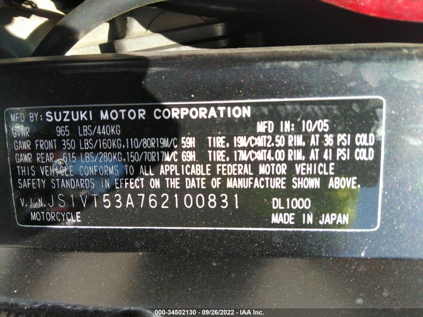 2006 SUZUKI DL1000 JS1VT53A762100831