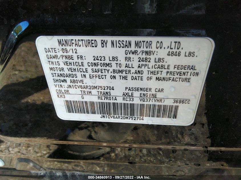 2013 INFINITI G37 SEDAN X JN1CV6AR2DM752704
