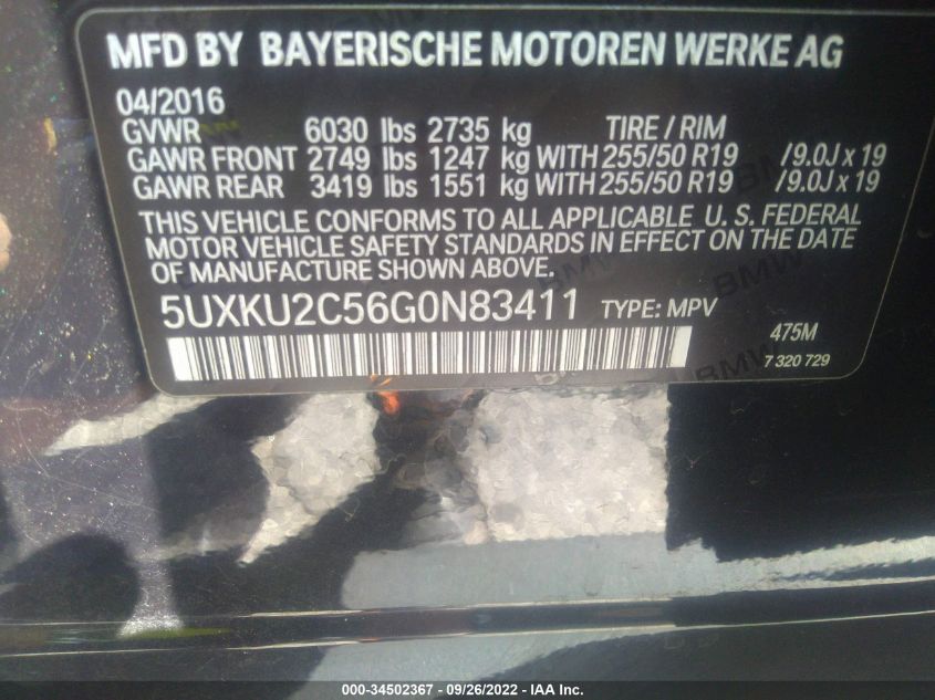 2016 BMW X6 XDRIVE35I 5UXKU2C56G0N83411