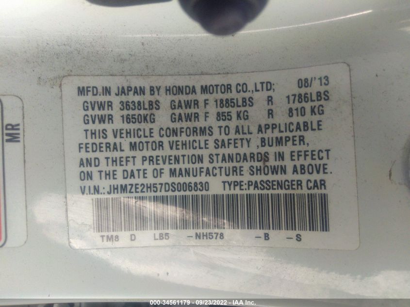 2013 HONDA INSIGHT LX JHMZE2H57DS006830