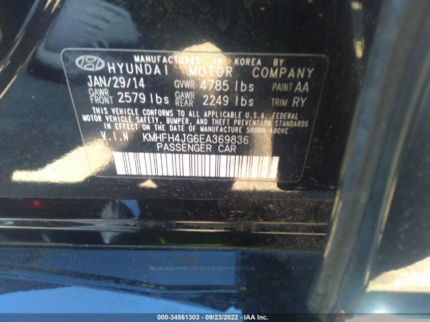 2014 HYUNDAI AZERA LIMITED KMHFH4JG6EA369836