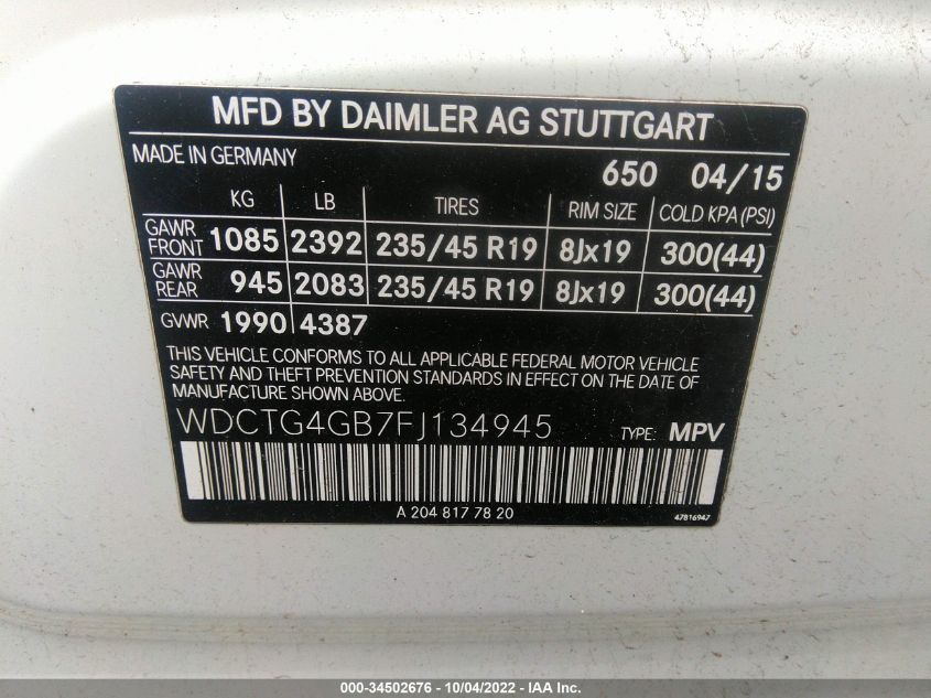 2015 MERCEDES-BENZ GLA 250 WDCTG4GB7FJ134945