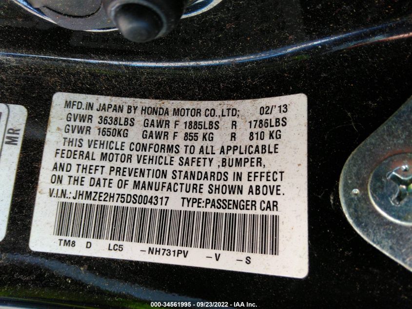 2013 HONDA INSIGHT EX JHMZE2H75DS004317