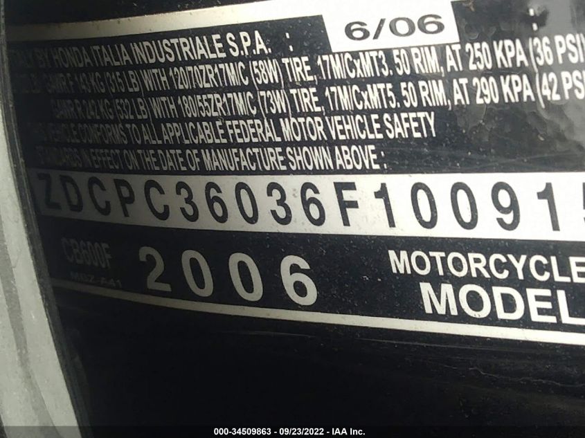 2006 HONDA CB600 F ZDCPC36036F100915