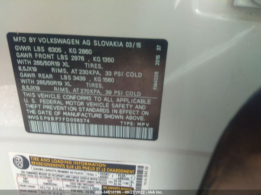 2015 VOLKSWAGEN TOUAREG LUX WVGEP9BP7FD006374