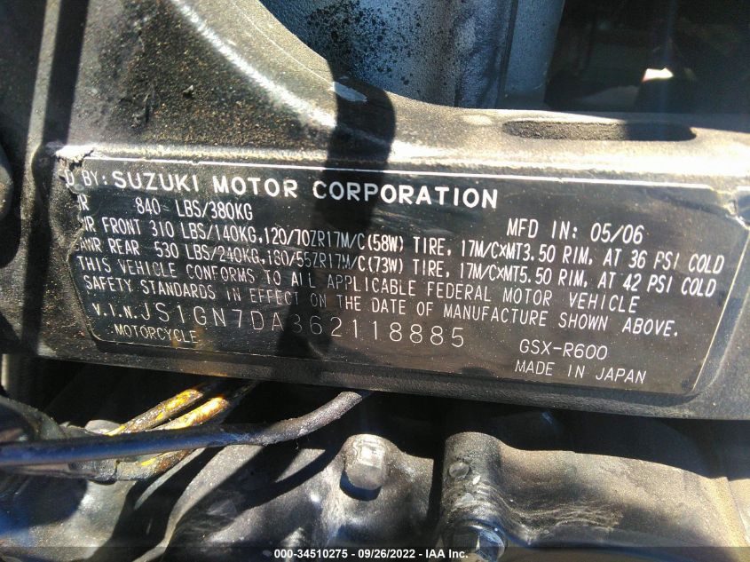 2006 SUZUKI GSX-R600 K6 JS1GN7DA362118885