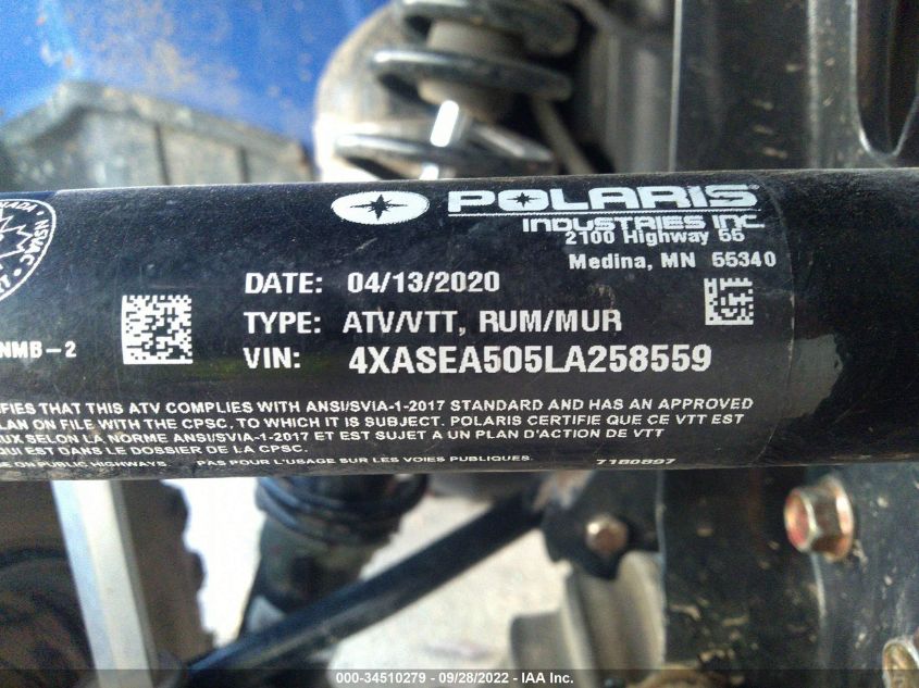 2020 POLARIS SPORTSMAN 450 H.O. 4XASEA505LA258559