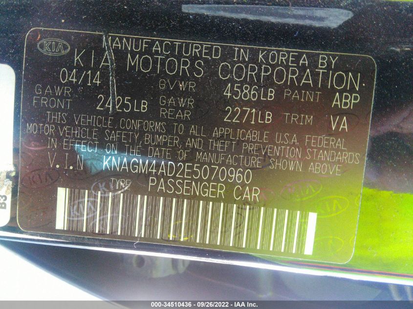 2014 KIA OPTIMA HYBRID LX KNAGM4AD2E5070960