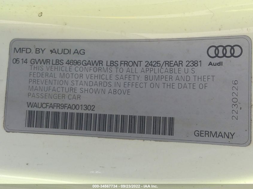 2015 AUDI A5 PREMIUM WAUCFAFR9FA001302