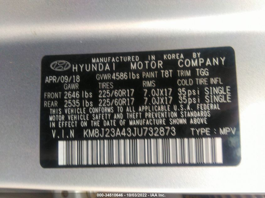 VIN KM8J23A43JU732873 2018 HYUNDAI TUCSON no.9