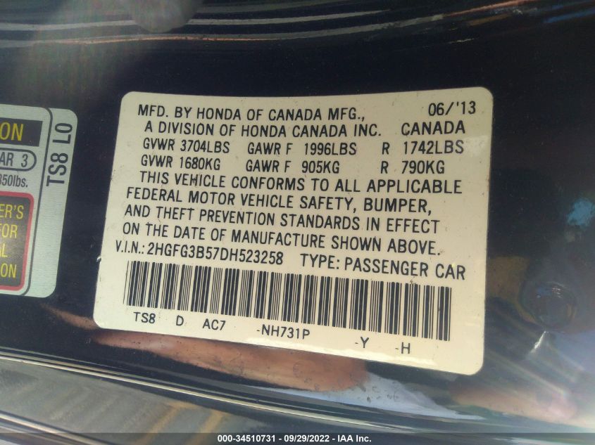 2013 HONDA CIVIC CPE LX 2HGFG3B57DH523258