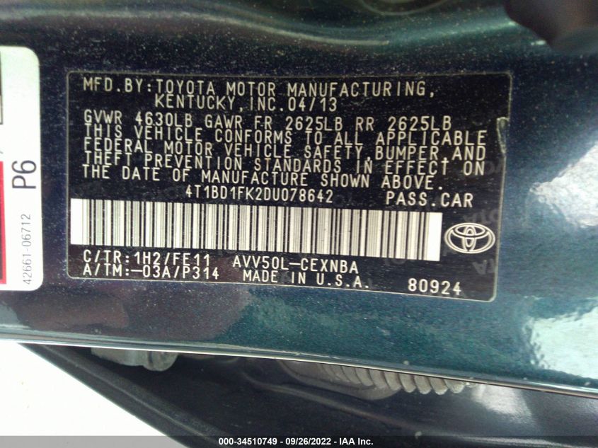 2013 TOYOTA CAMRY HYBRID LE 4T1BD1FK2DU078642