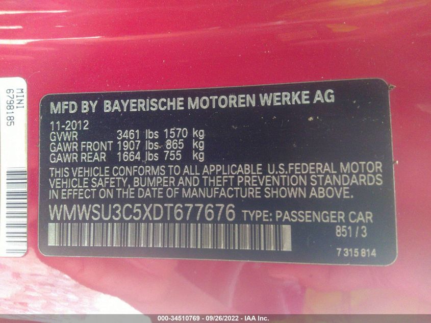2013 MINI COOPER HARDTOP WMWSU3C5XDT677676