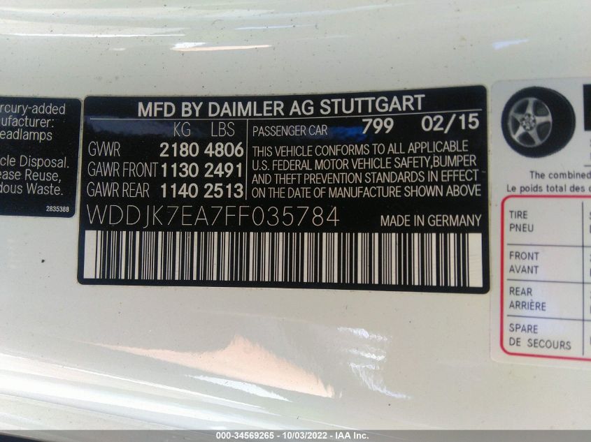 2015 MERCEDES-BENZ SL-CLASS SL 63 AMG WDDJK7EA7FF035784