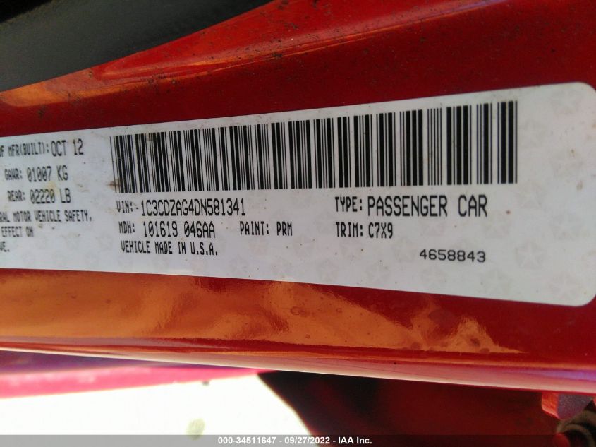 2013 DODGE AVENGER SE V6 1C3CDZAG4DN581341