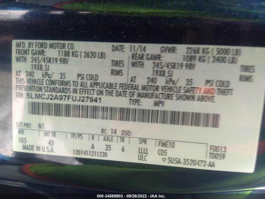 2015 LINCOLN MKC 5LMCJ2A97FUJ27941