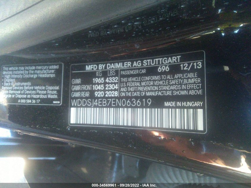2014 MERCEDES-BENZ CLA-CLASS CLA 250 WDDSJ4EB7EN063619